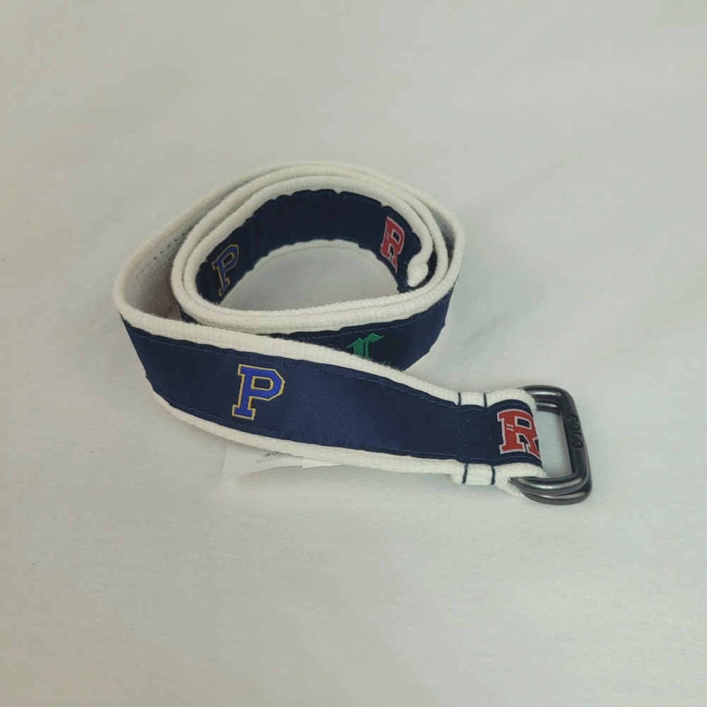 Polo Ralph Lauren boys Navy White Varsity Patch D-Ring Web Belt 67 Pennant